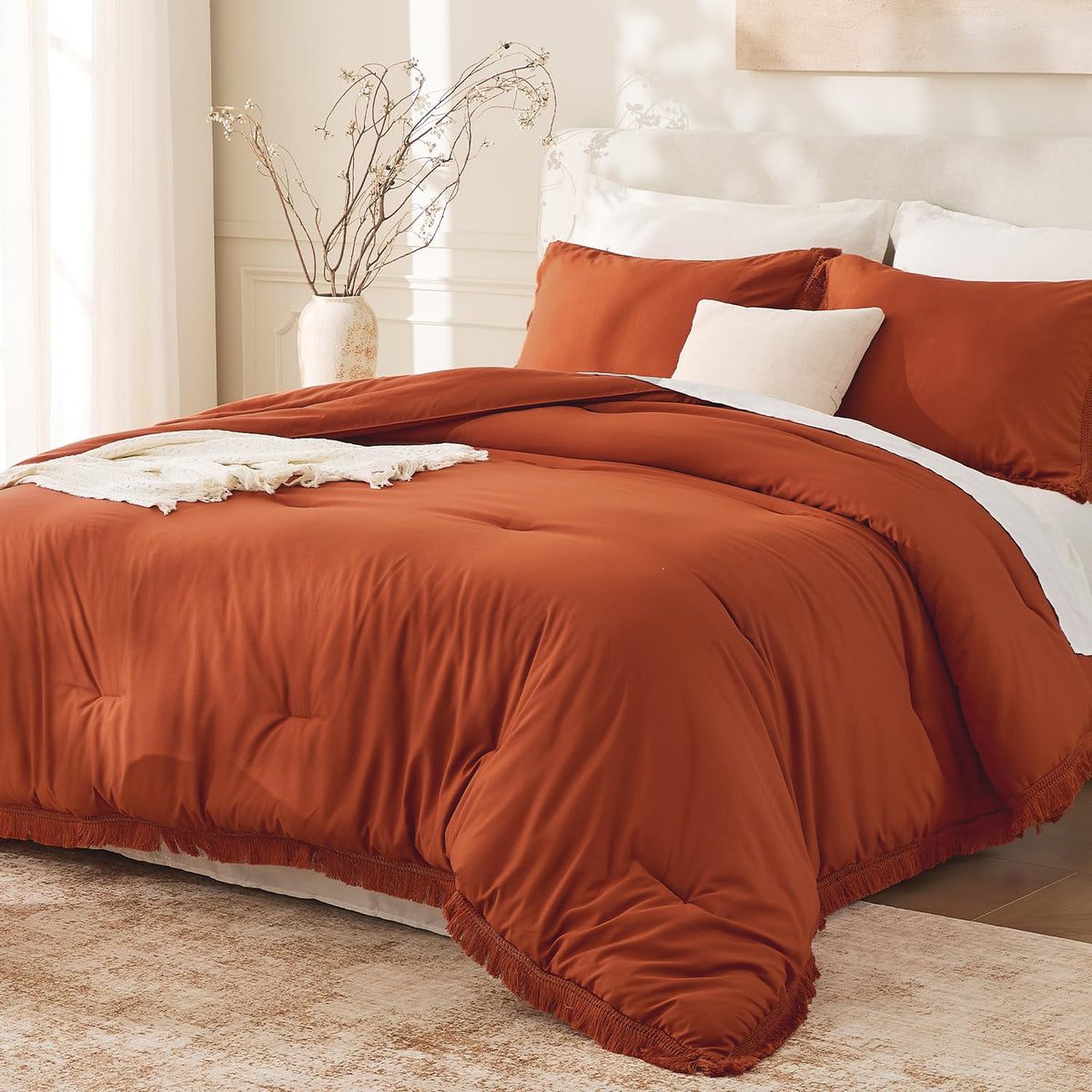 Andency king size burnt orange comforter with tassel edge for stylish warmth.