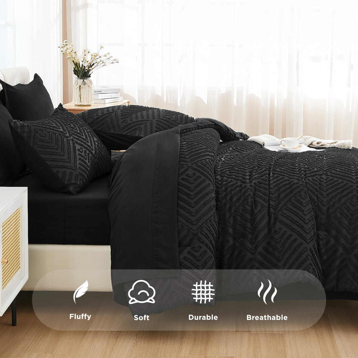 Andency black bedding inspires a relaxed, boho-modern bedroom vibe.