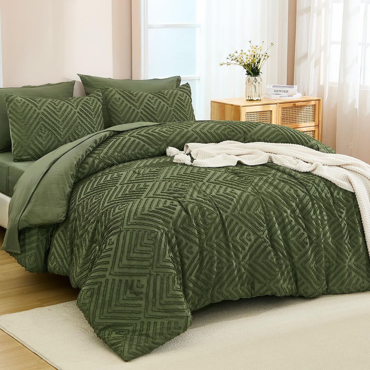 Andency king size olive green comforter set with tufted design for a cozy boho chic look.