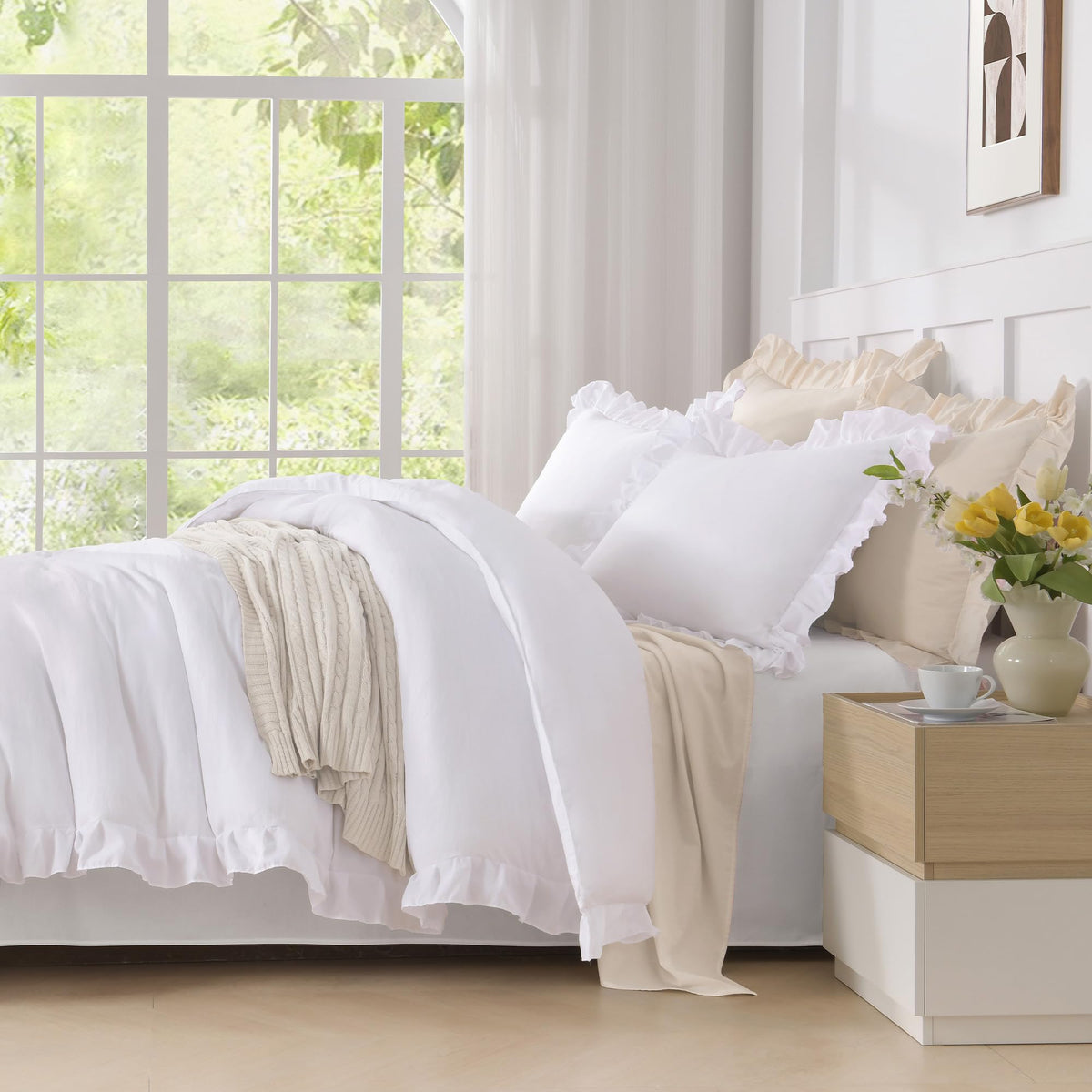 Andency white room setup shows versatile decor matching various aesthetics.