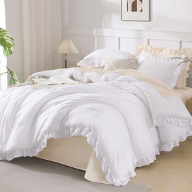 Andency king size white ruffle comforter detail adds elegant texture to your bed.