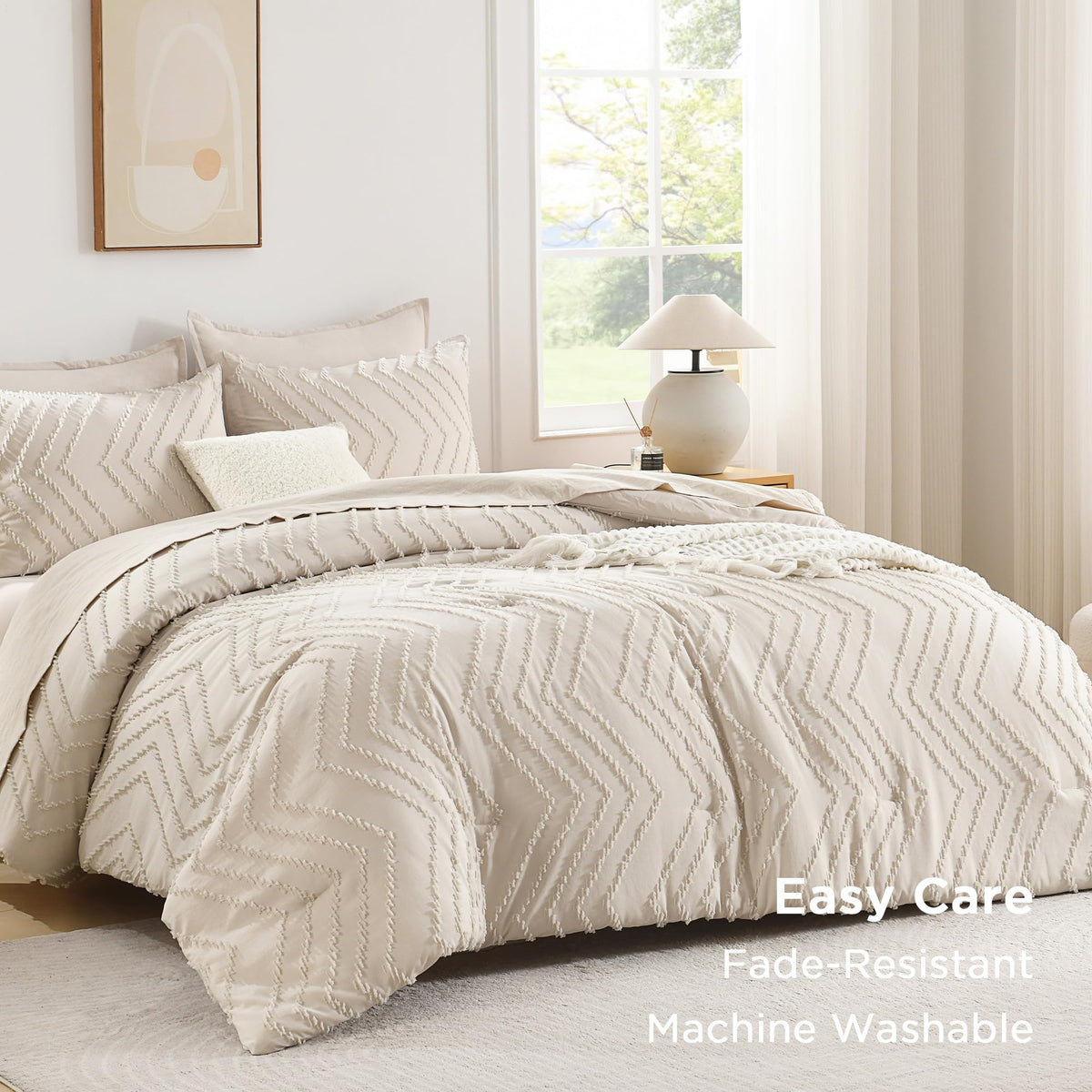 Andency queen comforter set beige laid flat on bed for quick styling.