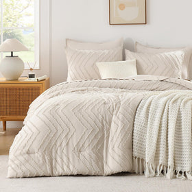 Andency queen comforter set beige tufted detail highlights soft texture.
