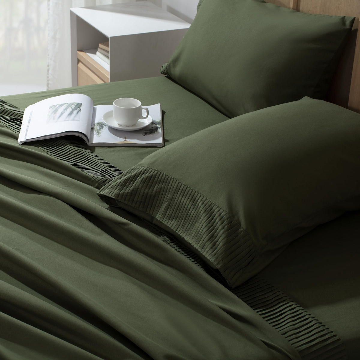 Andency Queen Sheet Set in dark olive color adds elegant, versatile bedding options