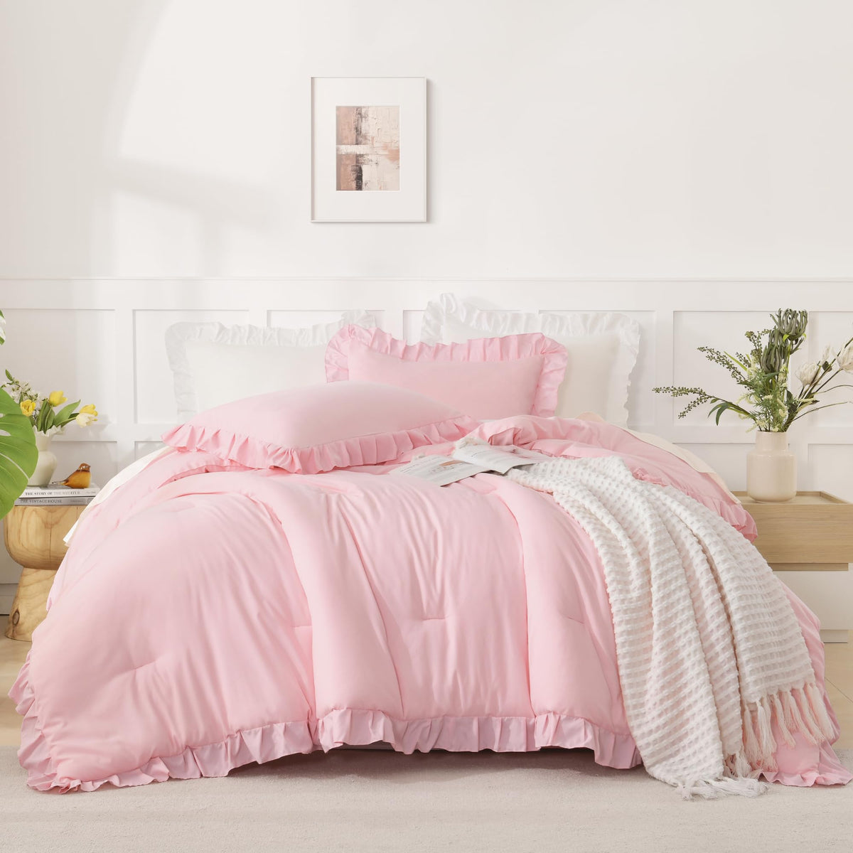 Close-up of Andency ruffled comforter showing delicate pink detailing