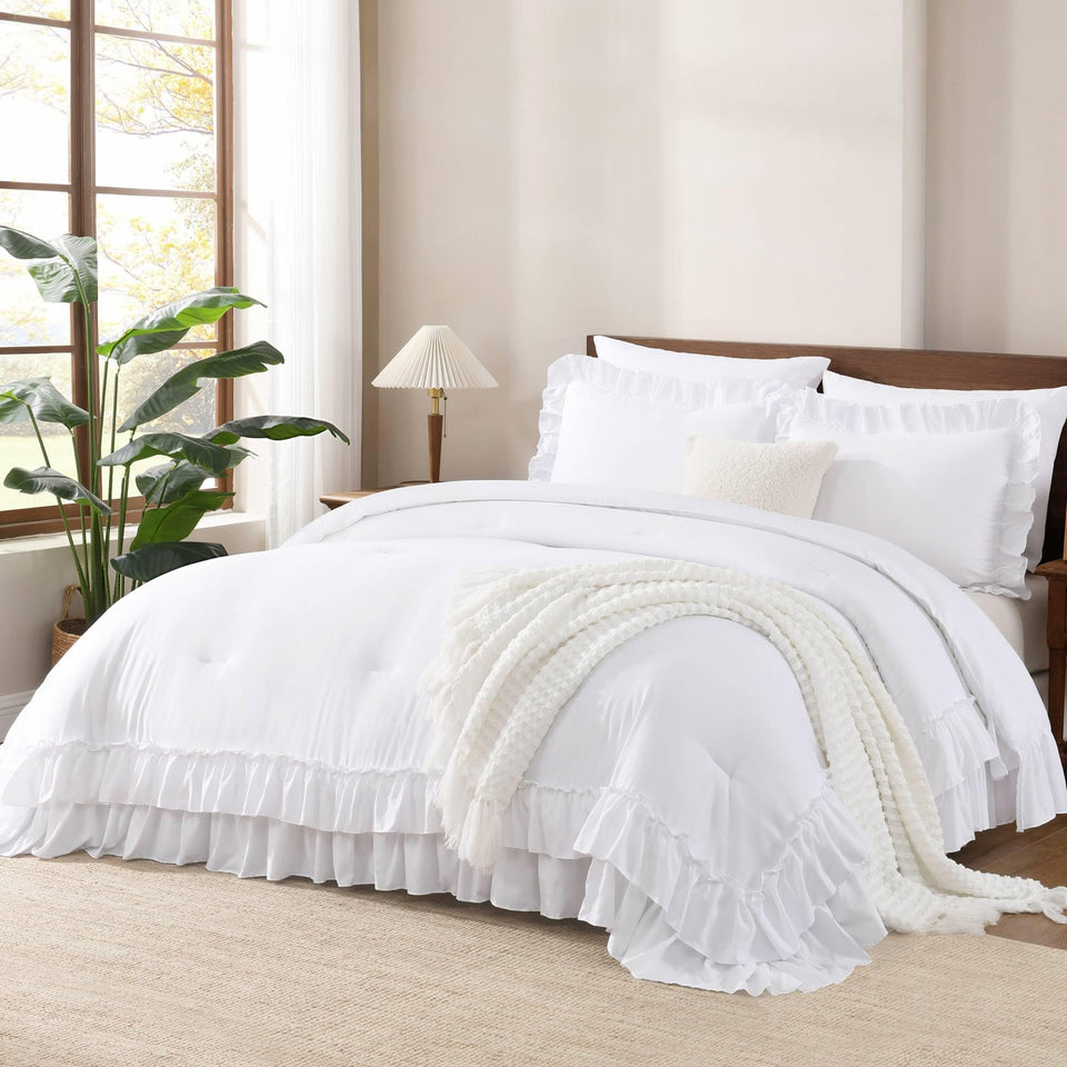 Andency white comforter with ruffle design adds elegant texture to your bed.