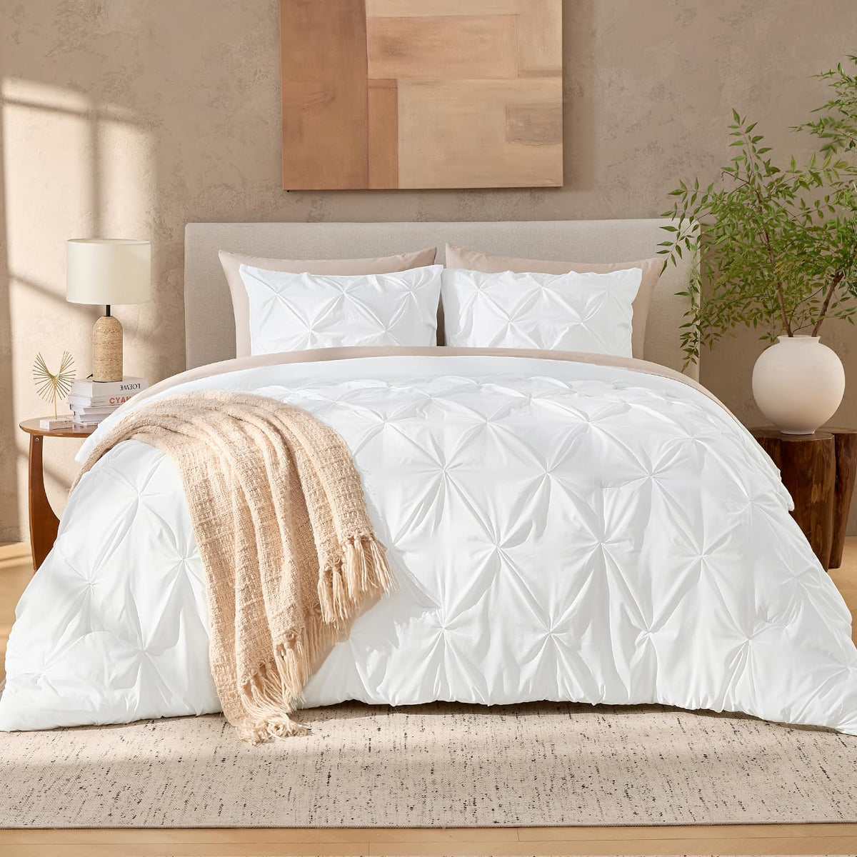 Andency white full-size comforter set on bed showing crisp white color and clean lines