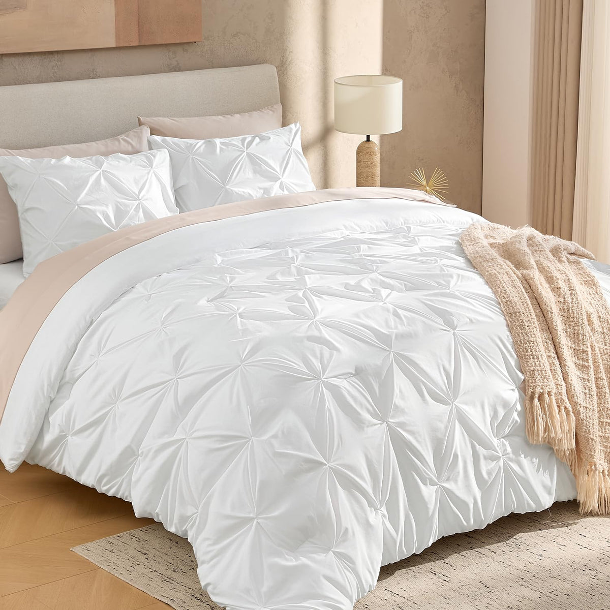 Andency white full-size comforter set pinch pleat detail for stylish bedroom decor