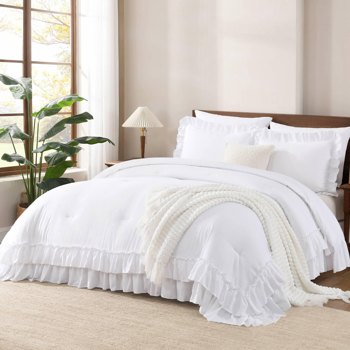 Andency White Ruffle Comforter King setup for a chic, cozy bedroom.
