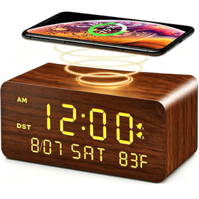Andoolex wooden alarm clock face view with clear time and warm LED glow