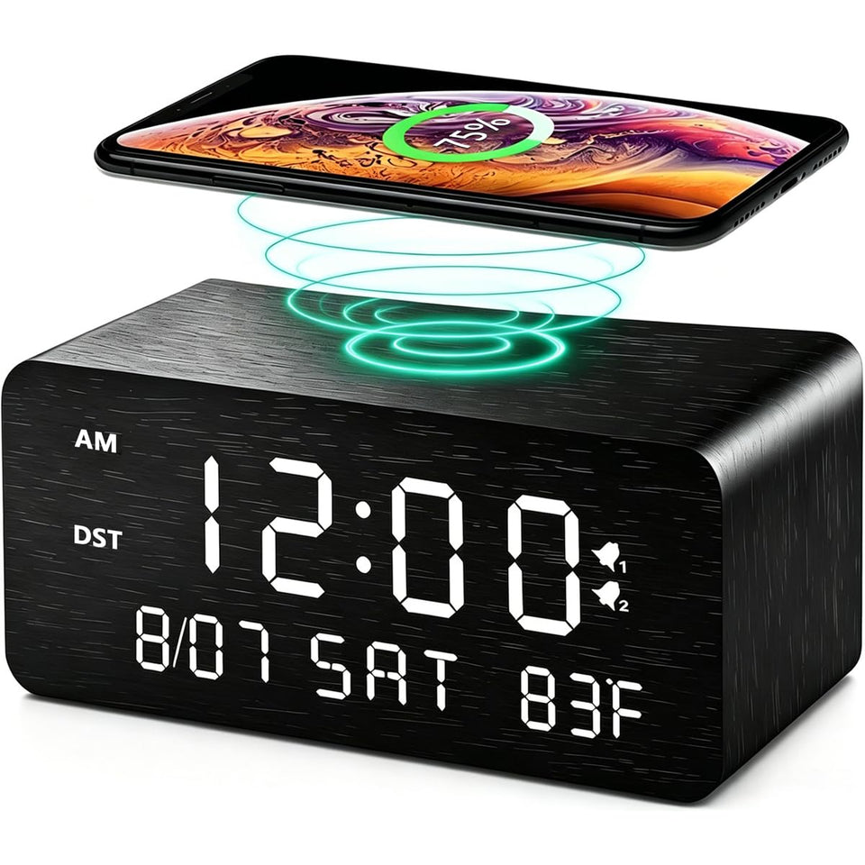 Andoolex wooden alarm clock front view on nightstand keeps mornings organized
