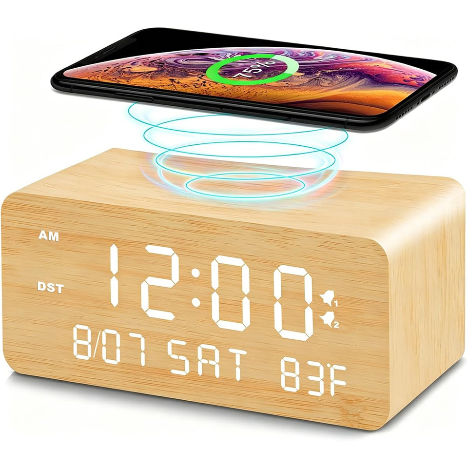 Andoolex wooden clock front view, a stylish bedside companion with clear time display.