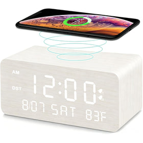 Andoolex wooden clock with wireless charging keeps your bedside devices powered.