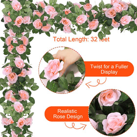 Aneco pink rose garland 32ft connectable for fuller festival decor