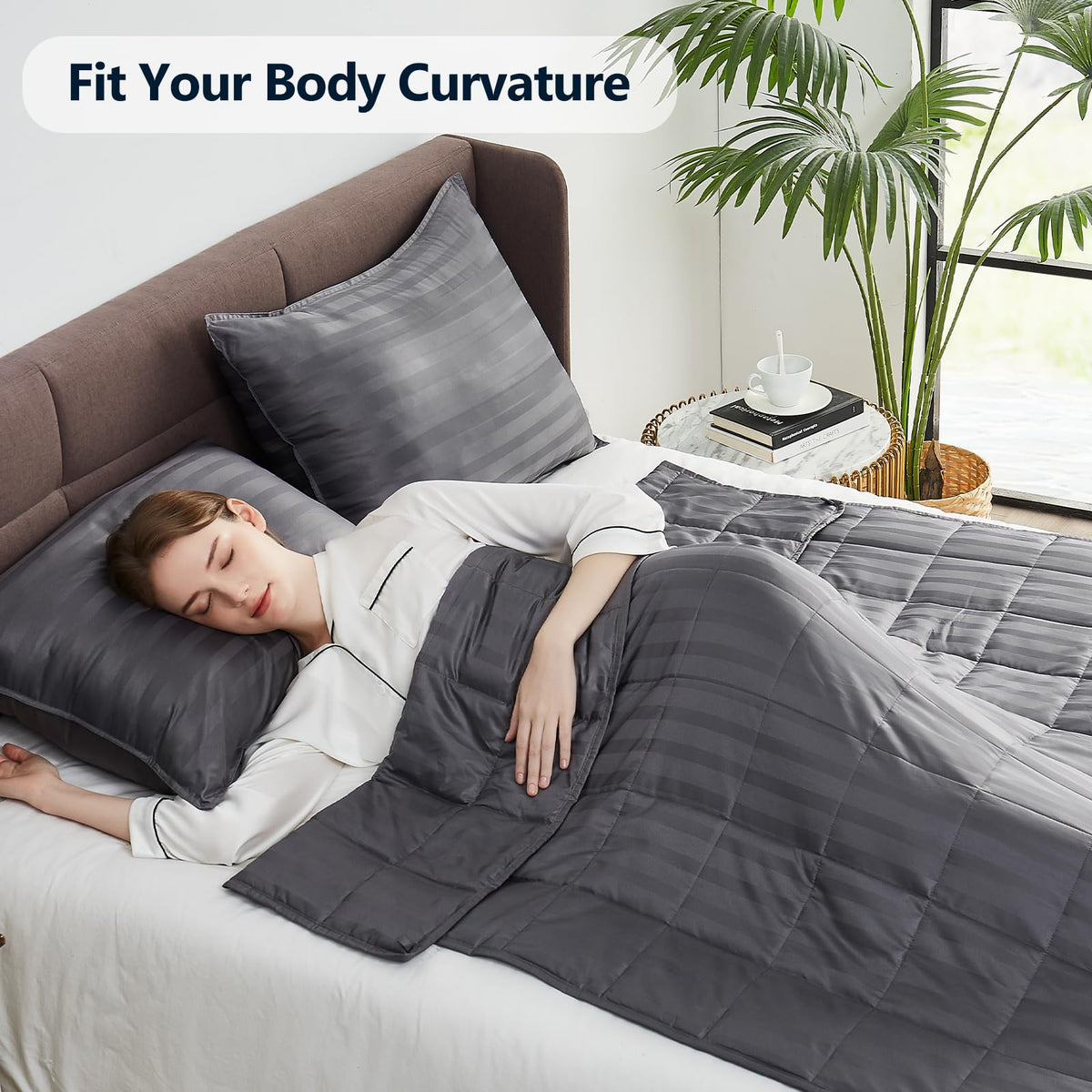 Anfie weighted blanket queen 60x80 bedroom scene evokes calm, cozy nights.