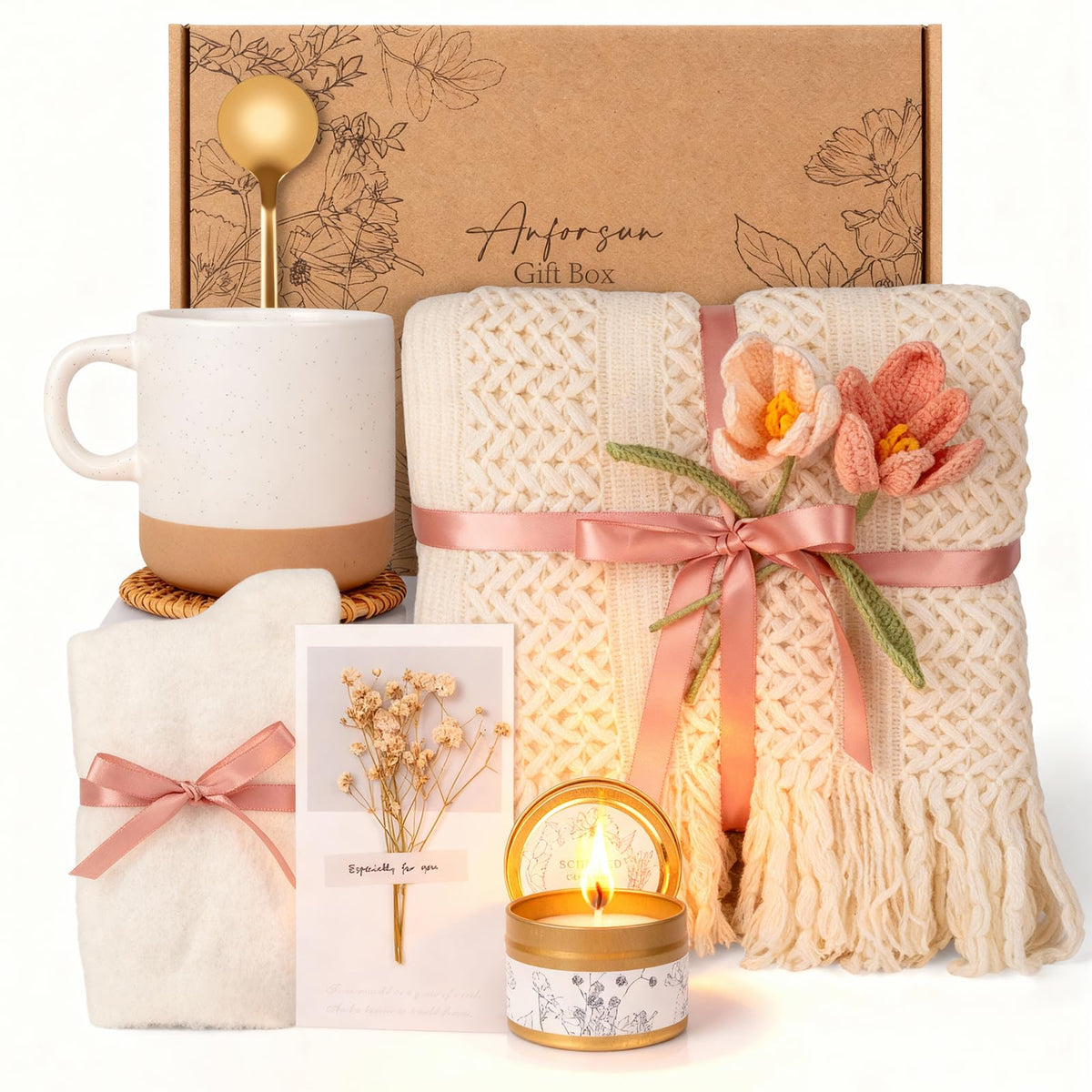 Anforsun lavender candle and cozy blanket for a calming home spa moment.