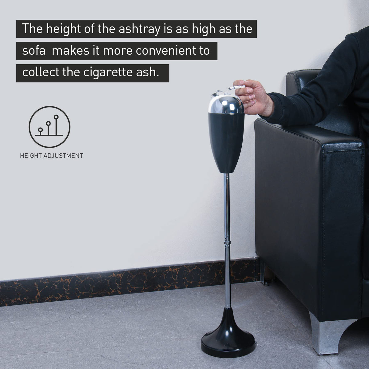 Anfrere adjustable ashtray with lid at 27.5-inch height for versatile patio placement.