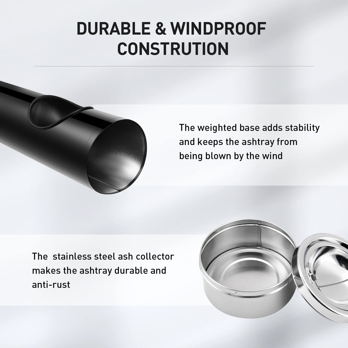 Anfrere durable stainless-steel ashtray resists corrosion and weathering.