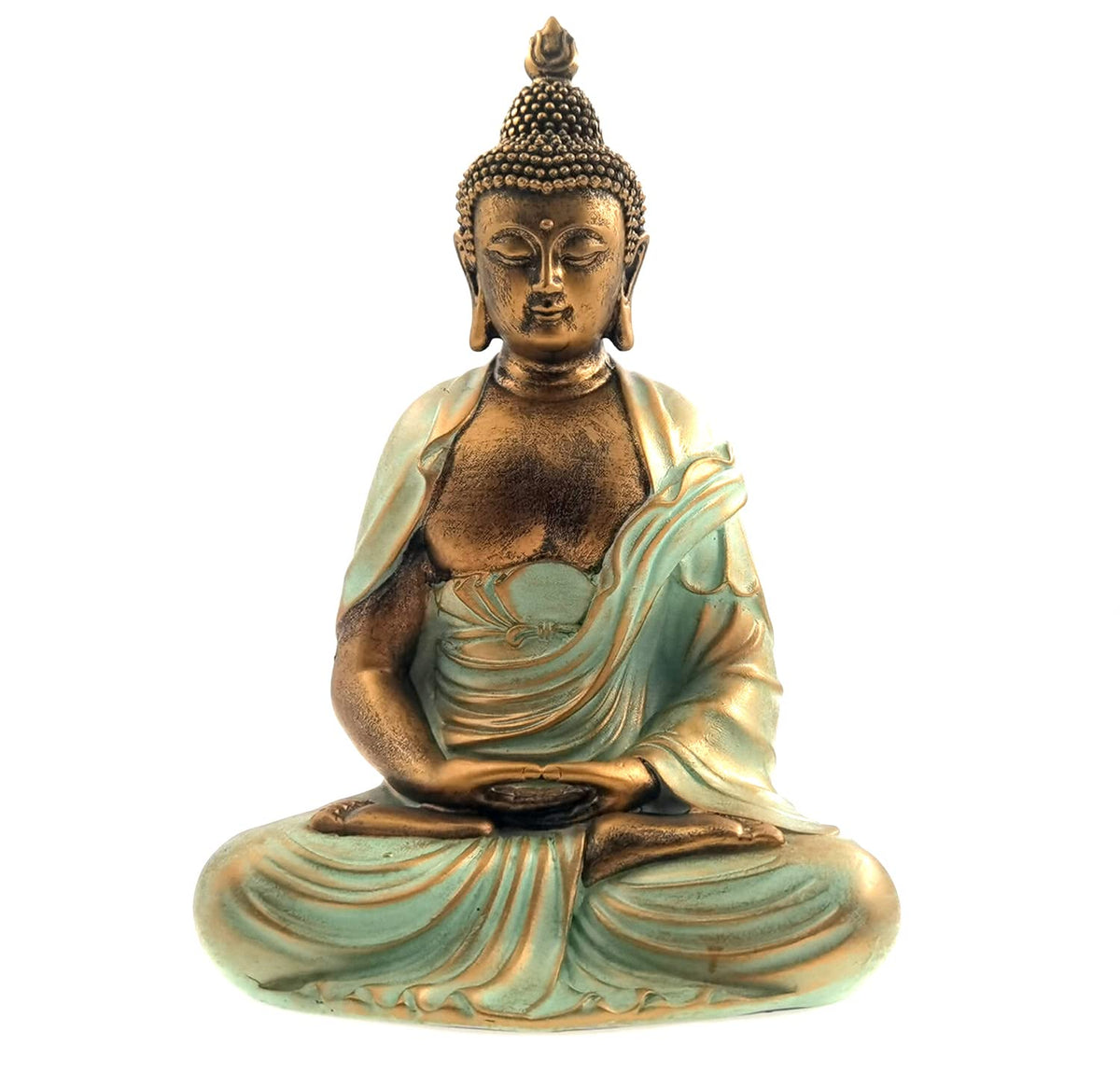 Angel Shine gold Buddha statue front view on mantel for calm decor