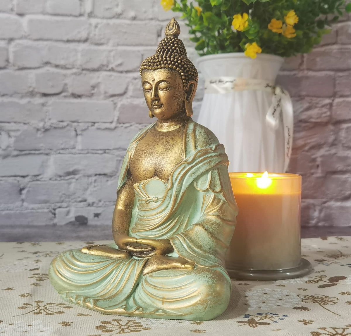 Angel Shine gold Buddha statue on office desk for serene focus