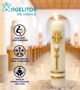Angelitos de Mexico custody cross candle lights your altar with a warm glow.