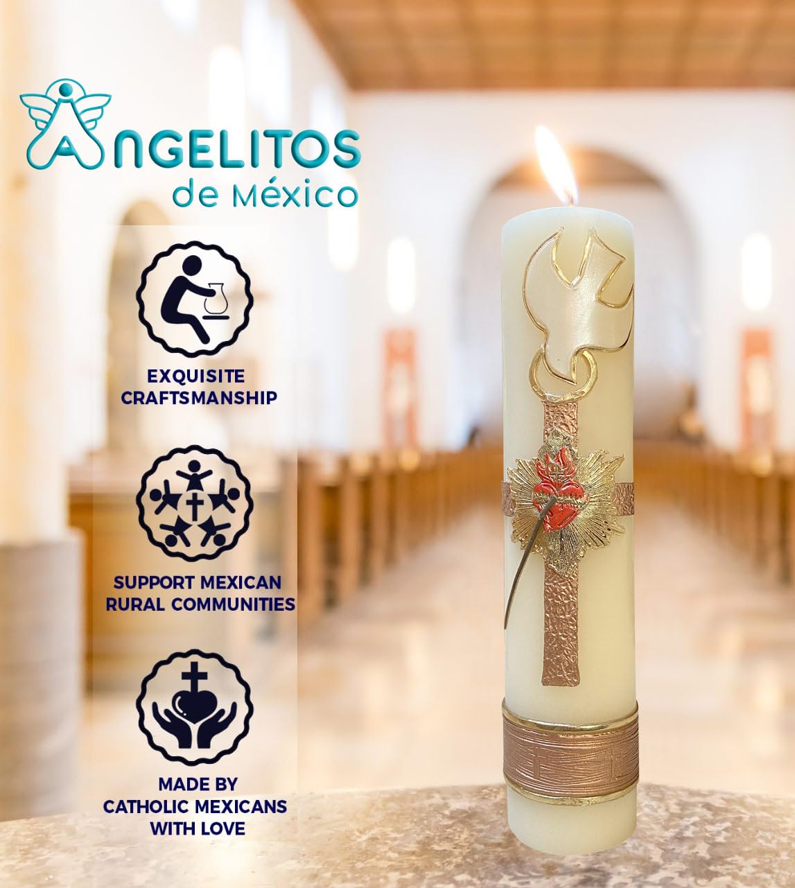 Angelitos de Mexico Confirmation Candle front view for Holy Spirit devotion