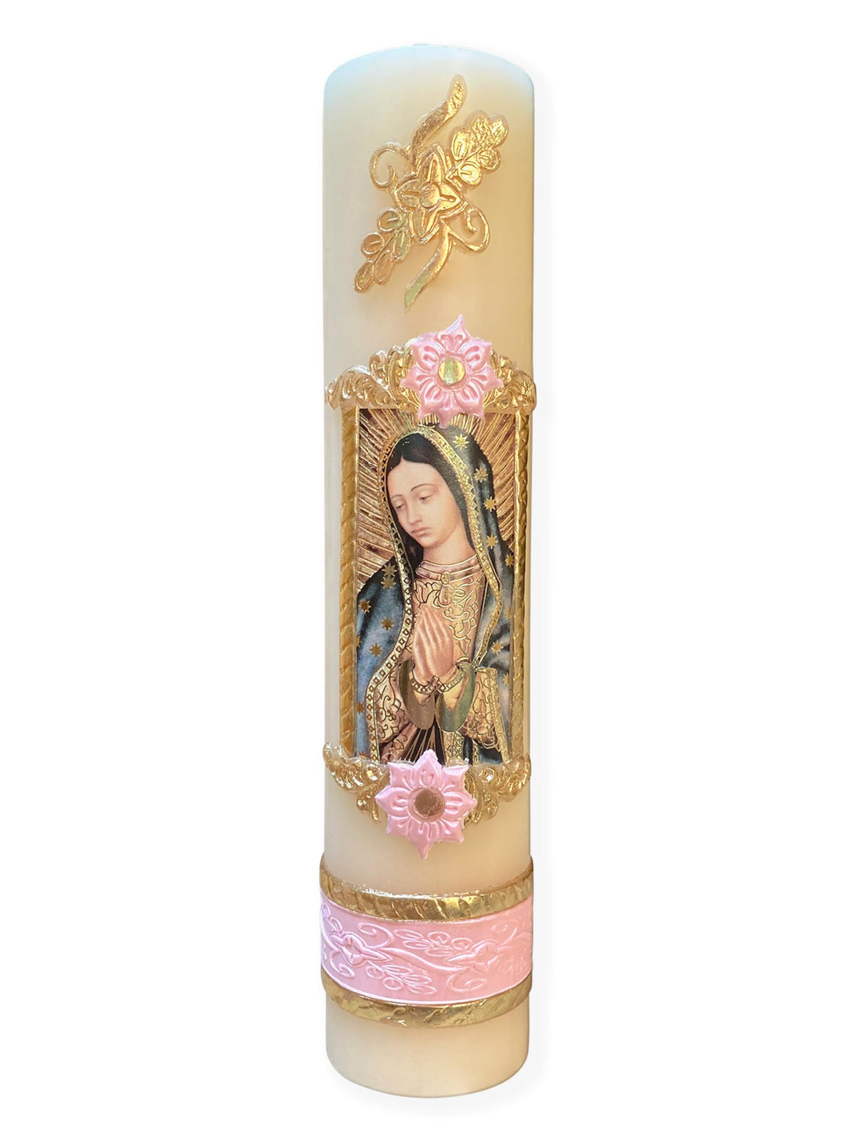 Angelitos de Mexico Guadalupana pink candle shown for devotion and warmth
