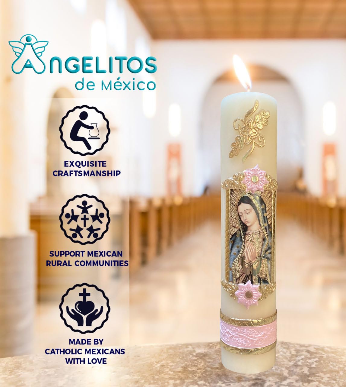 Close-up of Virgen de Guadalupe label on Angelitos de Mexico candle