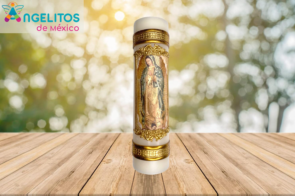 Angelitos de Mexico Virgin of Guadalupe candle eight inch size suitable for altars