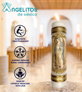 Angelitos de Mexico Virgin of Guadalupe candle close up showing detailed artwork