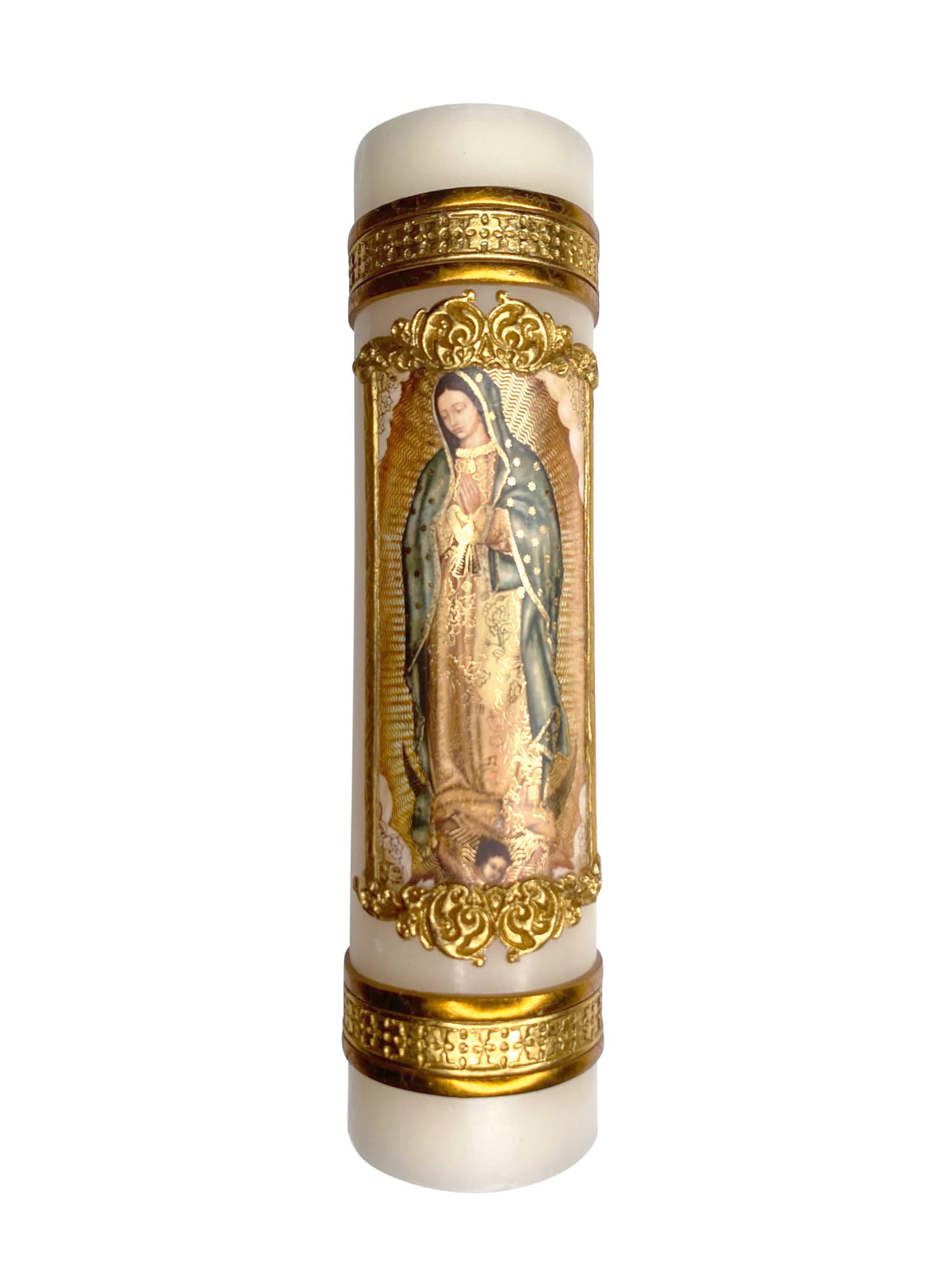 Angelitos de Mexico Virgin of Guadalupe candle front view for home prayer
