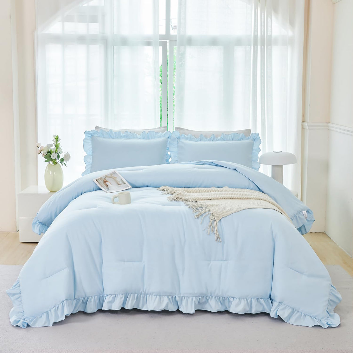 ANGIYUIN light blue full bed in a bag with ruffle edge for cozy nights.