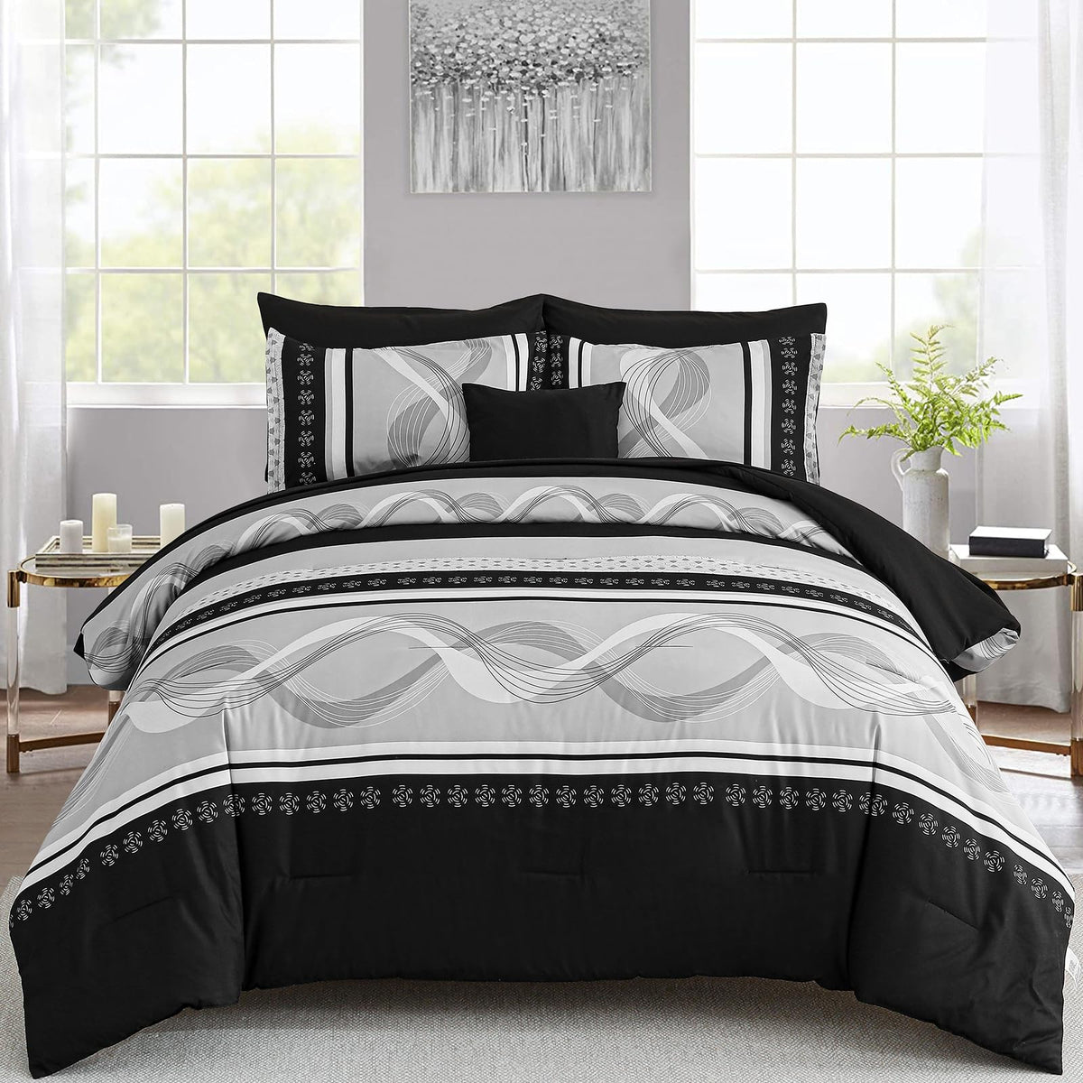 Anibedding Black Comforter Set king size with 8 pieces, cozy all-season warmth.
