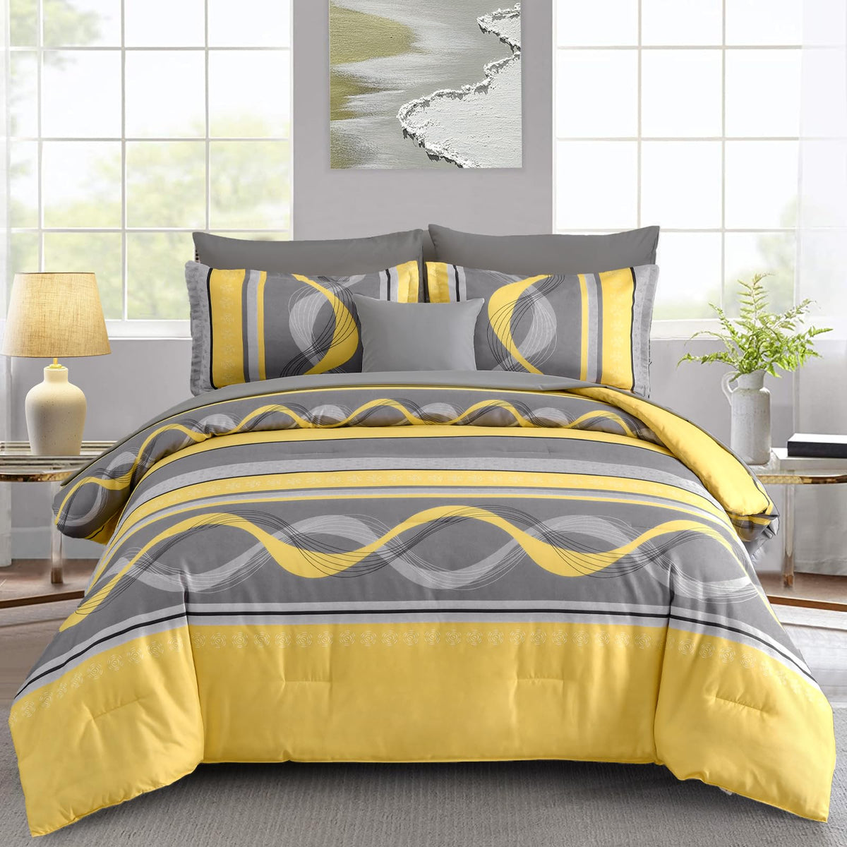 Anibedding yellow comforter set with all pieces visible for all-season use.