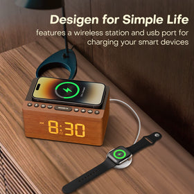 ANJANK FM radio controls in a warm wooden finish for easy waking