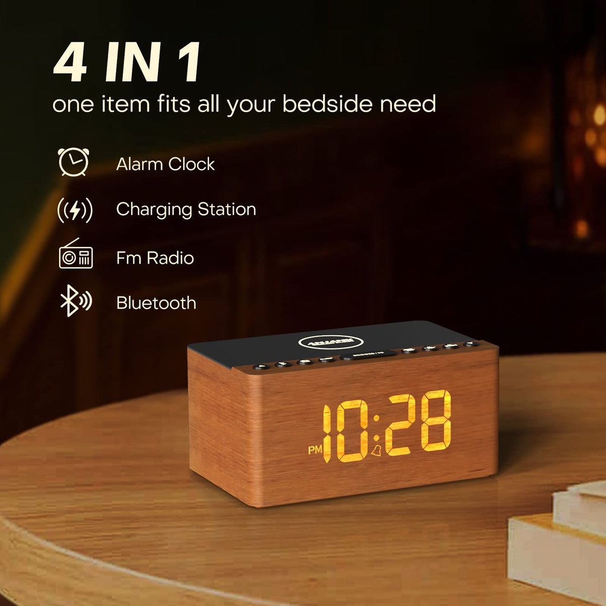 ANJANK wooden alarm clock with wireless charging pad on top for easy phone power