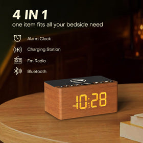ANJANK wooden alarm clock with wireless charging pad on top for easy phone power