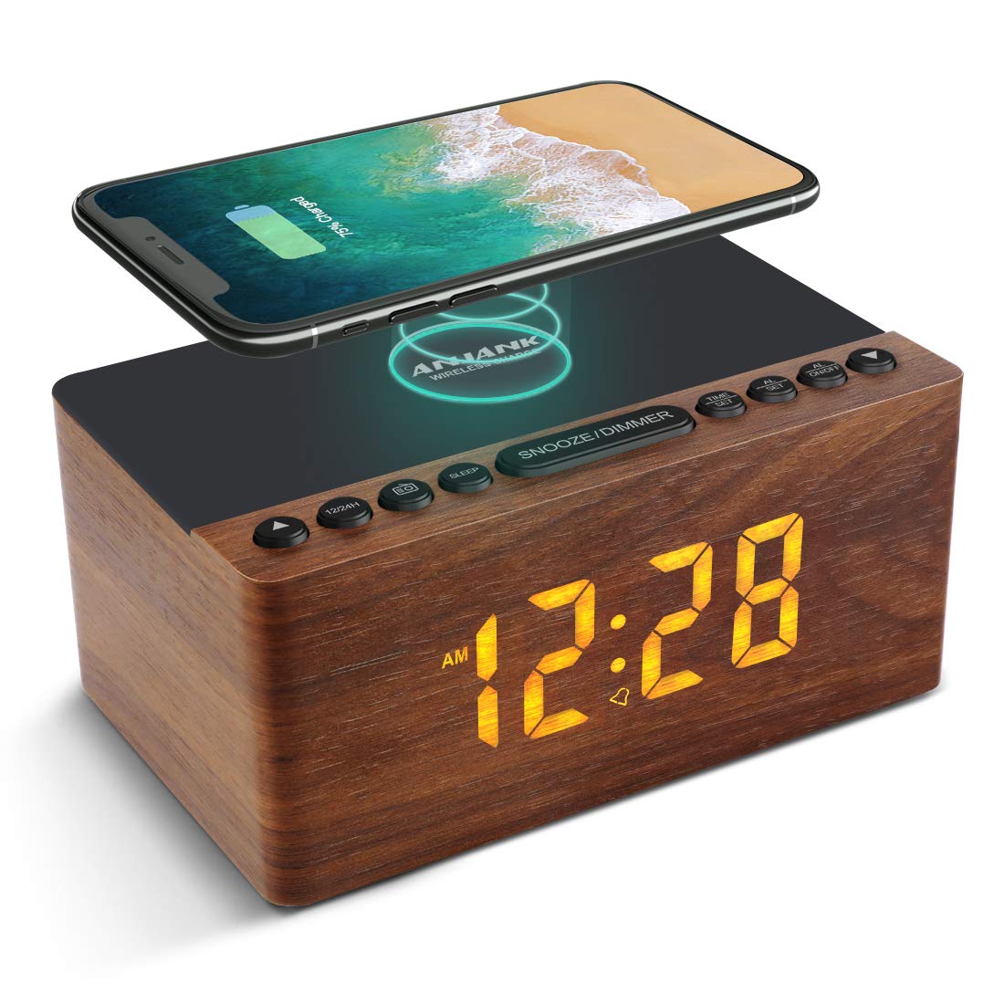 ANJANK wooden digital clock front view with large digits for easy time reading.