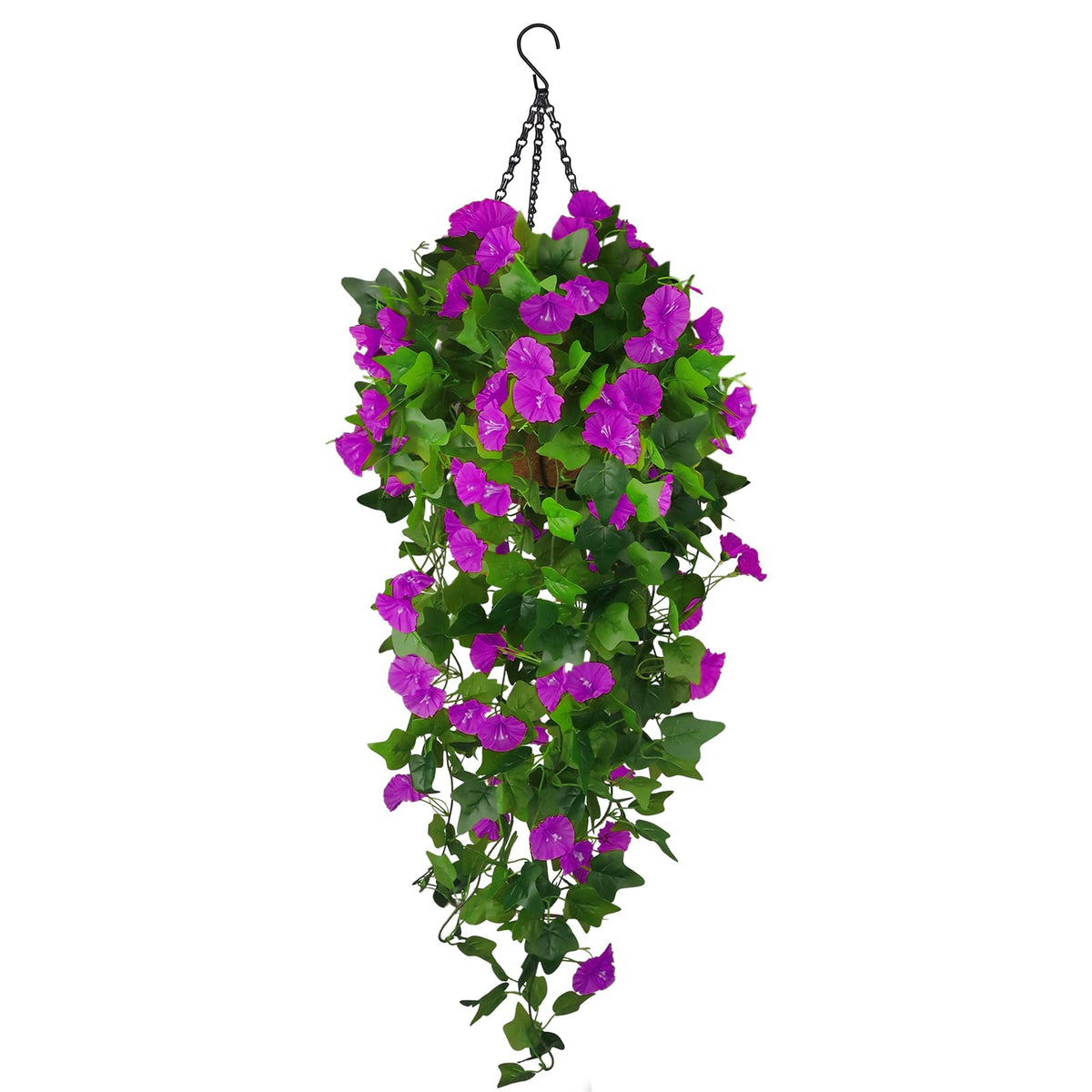 Ankey artificial morning glory basket setup adds vibrant, maintenance-free outdoor color.
