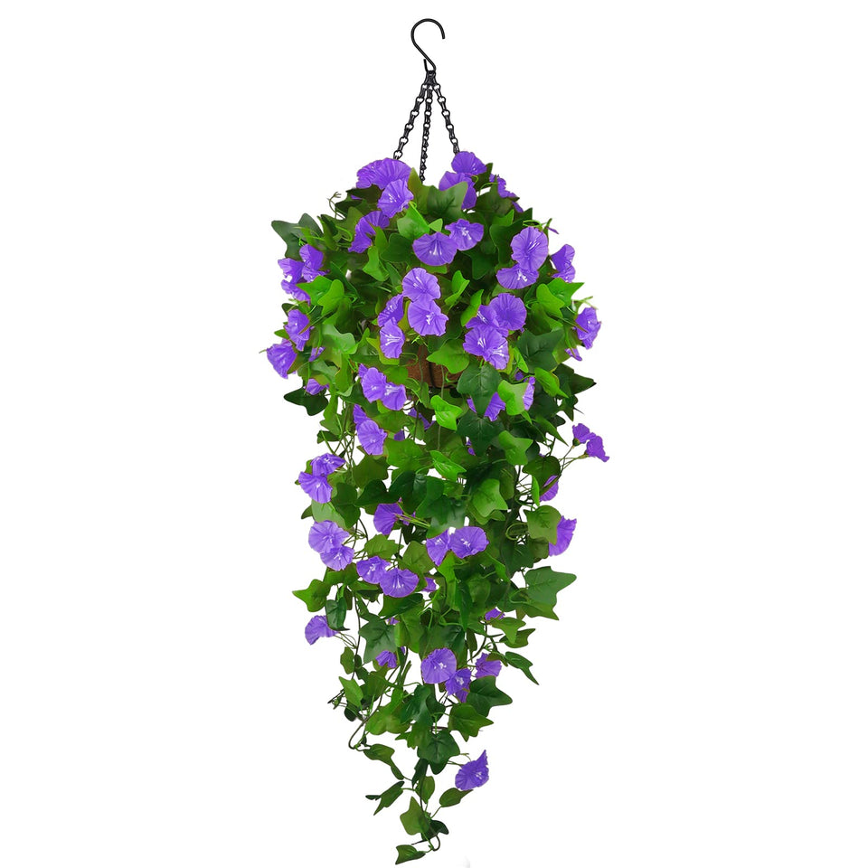 Ankey artificial morning glory hanging-basket close-up showcases vibrant outdoor decor potential.