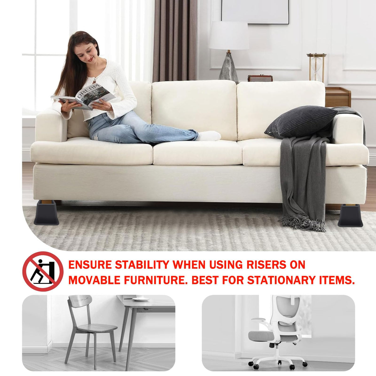 ANNKUT bed risers in bed setup demonstrate versatile use.