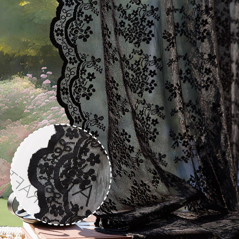 Anmao vintage black lace curtains with floral pattern filter sunlight for a soft, romantic glow.