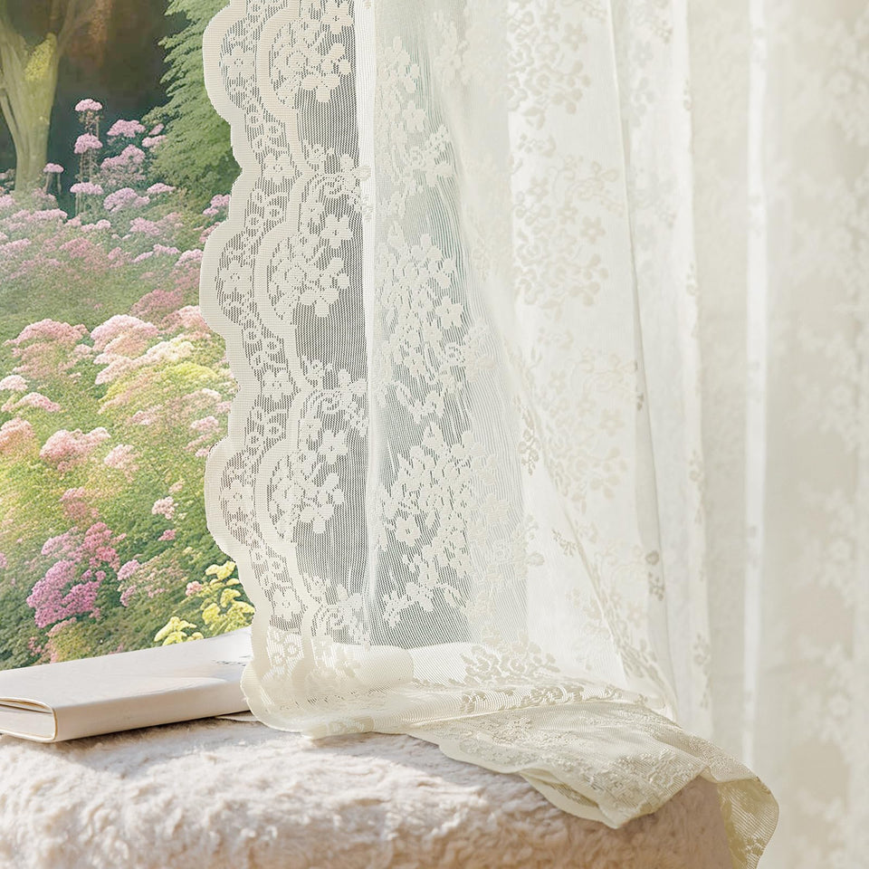 Anmao Vintage Lace Curtains two-panel setup showing ivory white fabric and soft light.