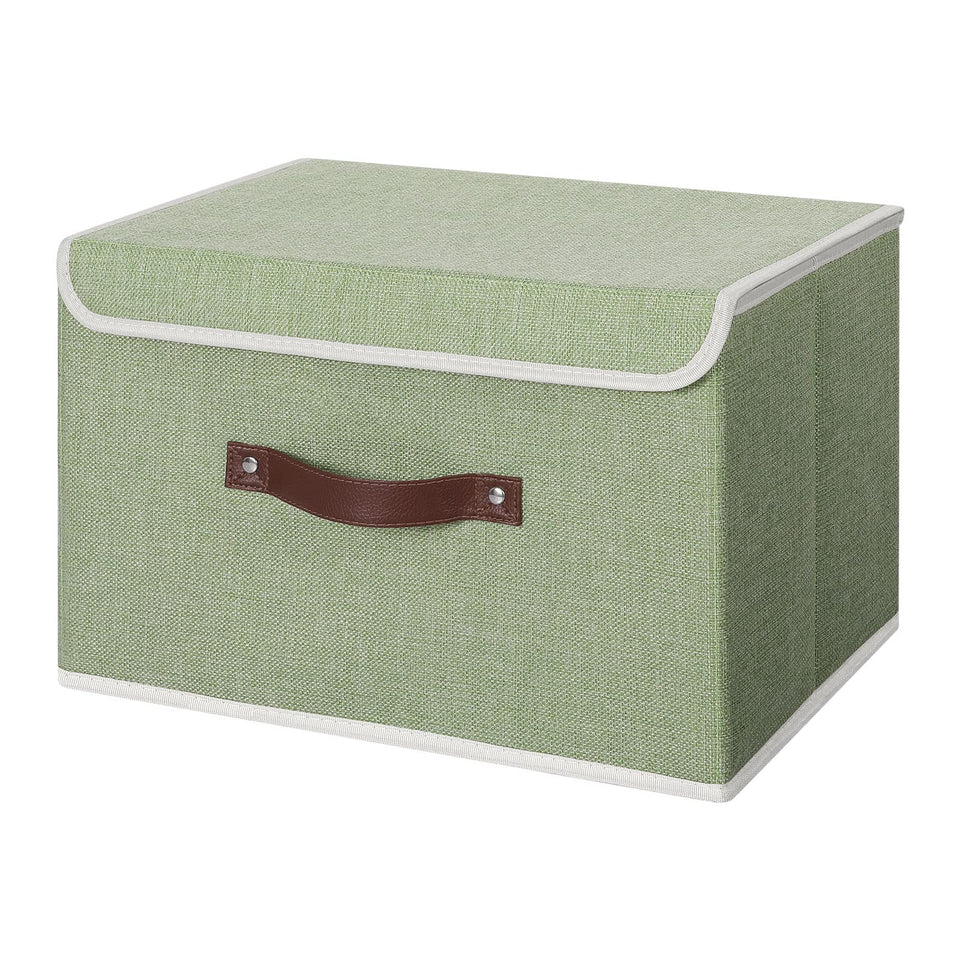 ANMINY storage bin with lid in green, front view showing space for clothing and blankets.