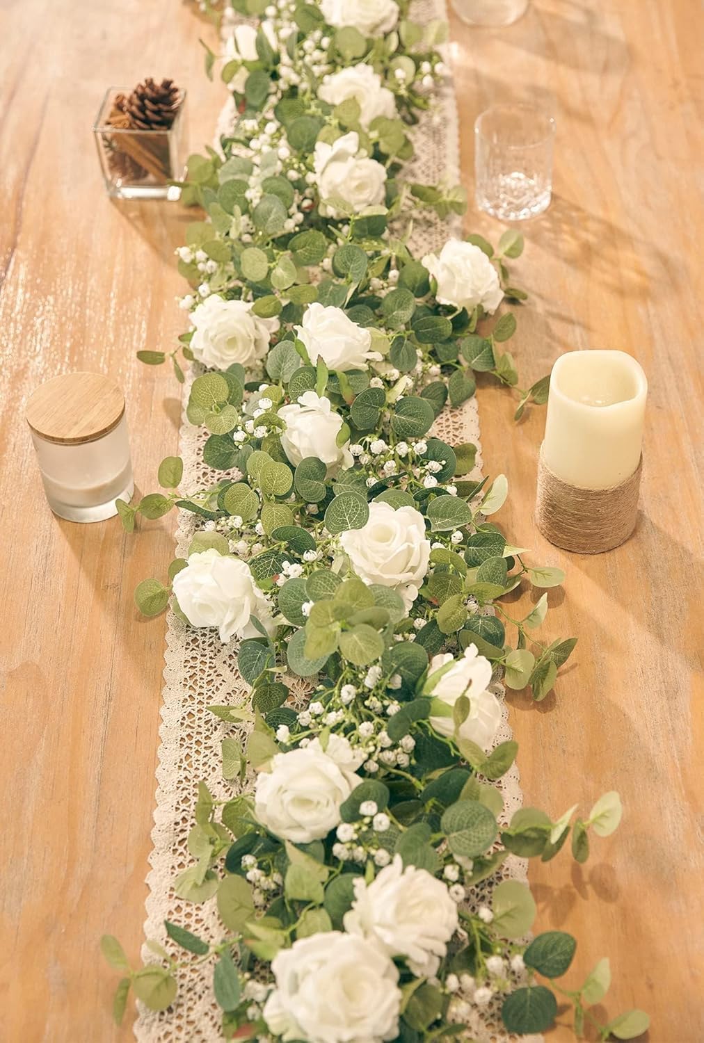 Anna's Whimsy 2PCS garland with white roses and gypsophila for elegant decor
