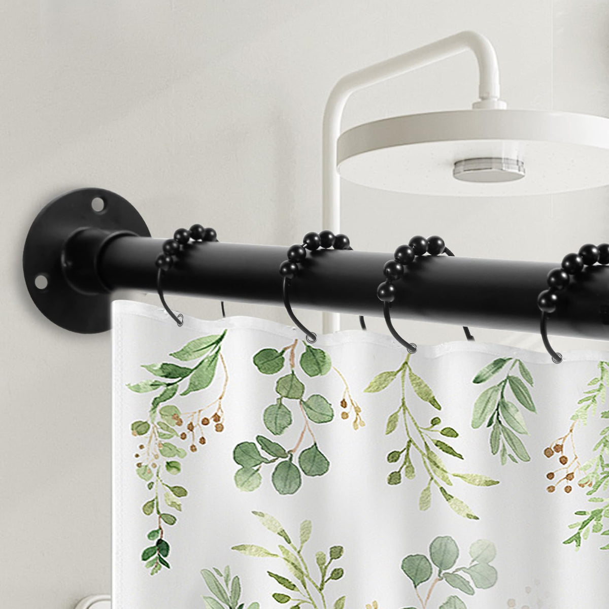 Anndason black L-shaped shower rod close-up showing 1-inch diameter.