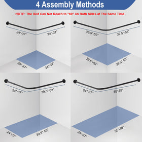 Anndason corner shower rod assembly options demonstrated in four layouts.