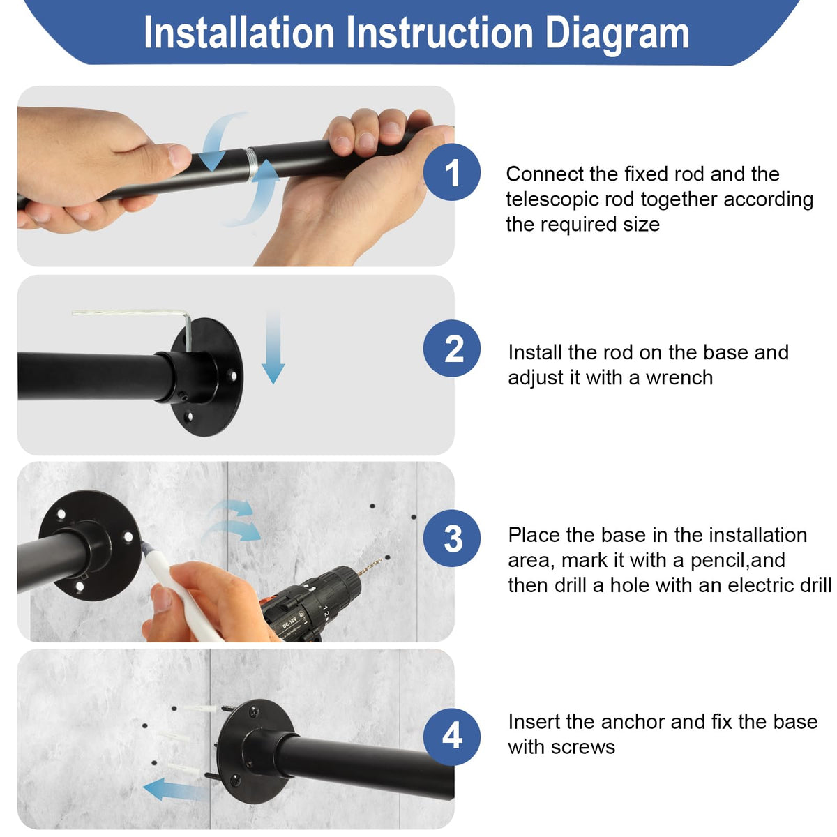 Anndason shower curtain rod with 12 ring hooks for easy hanging.