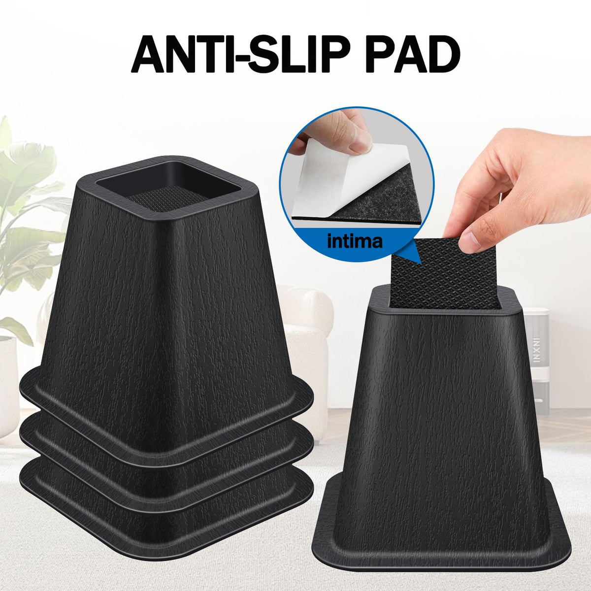 Closeup of ANNKUT rubber pads on bed risers for non-slip grip.