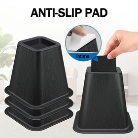 Closeup of ANNKUT rubber pads on bed risers for non-slip grip.